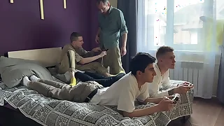 Facetiousmater and stepson fuck twinks in their tight asses while they play the console