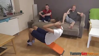 Gay trio feet worshipping and riding